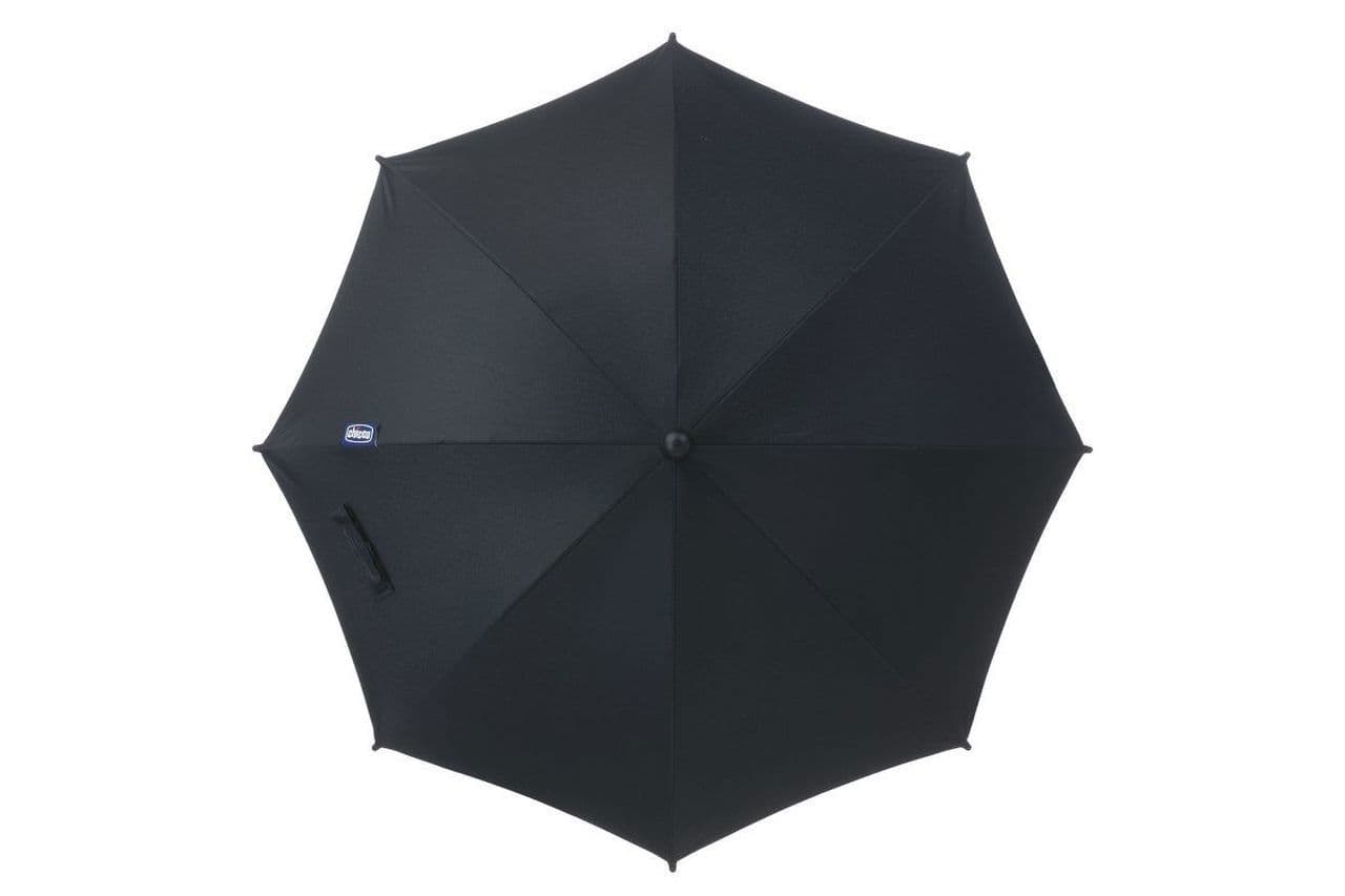 Ombrellino parasole Chicco nero con trattamento UV50+, snodo flessibile e morsetti intercambiabili, ideale per passeggini. | Chicco