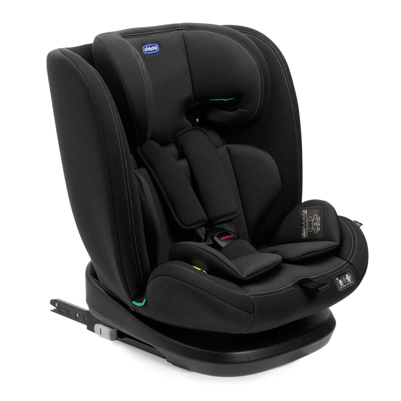 Seggiolino auto Chicco Mokita I-size nero, omologato ECE R129/04, per bambini da 15 mesi a 12 anni, con poggiatesta regolabile e cinture a 5 punti. | Chicco
