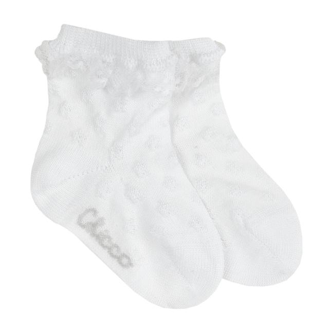 Calzini eleganti bianchi per bambina Chicco con disegno jacquard floreale traforato e bordo in pizzo, in misto cotone mercerizzato. | Chicco