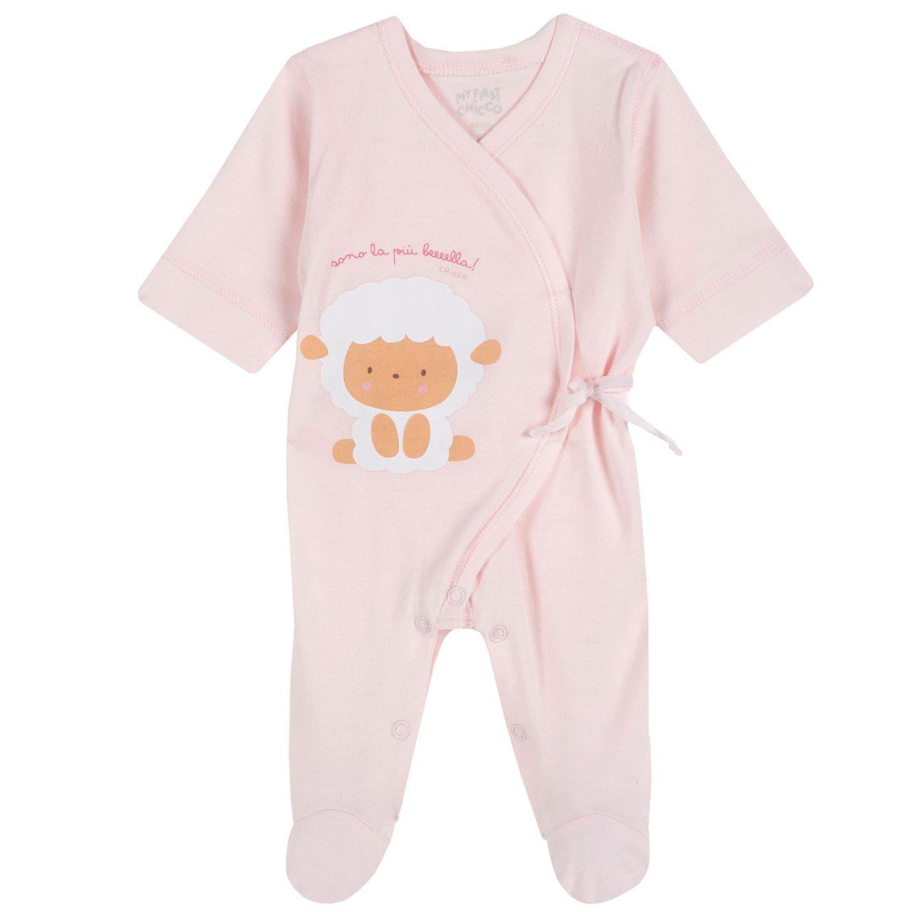 Tutina neonata prematura Chicco in morbido cotone rosa, con apertura incrociata e bottoncini automatici, ideale per tutte le stagioni. | Chicco
