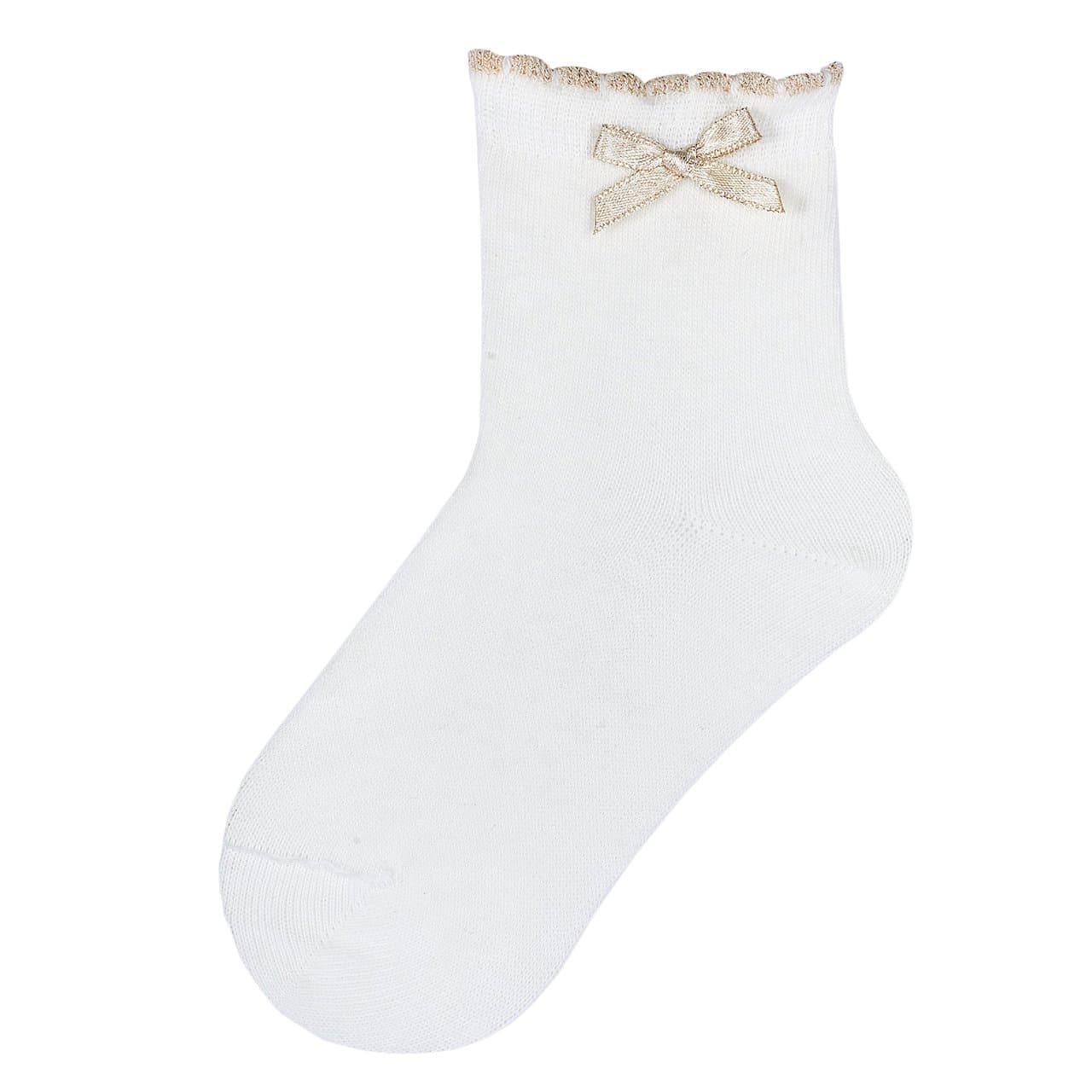 Calzini corti bianchi per bambina Chicco Autunno/Inverno 2025 in misto cotone con fiocco oro e dettagli dorati, ideali per occasioni speciali. | Chicco