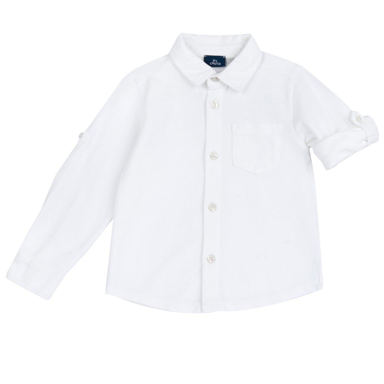 Camicia bianca a manica lunga in piquet di cotone per bambino Chicco, con colletto classico e chiusura a bottoni, ideale per primavera/estate. | Chicco