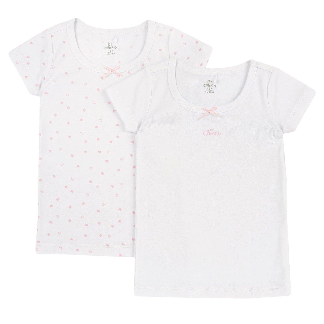 Set di magliette intime Chicco a manica corta per bambina in morbido cotone a costina bianco con fiocchetto, collezione Primavera/Estate 2025. | Chicco