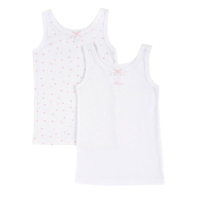 Set di 2 canottiere intime Chicco per bambina in morbida costina di cotone bianco e fantasia, con spalla larga, fiocchetto e logo. | Chicco
