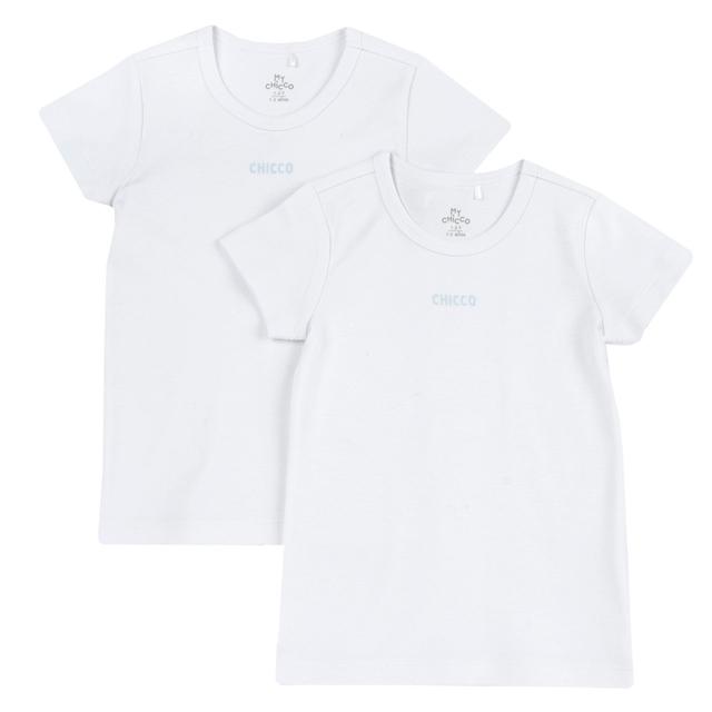 Set di magliette intime bianche a manica corta per bambini Chicco in morbido jersey di cotone felpato, con logo discreto, ideali per ogni stagione e certificate Oeko-Tex. | Chicco