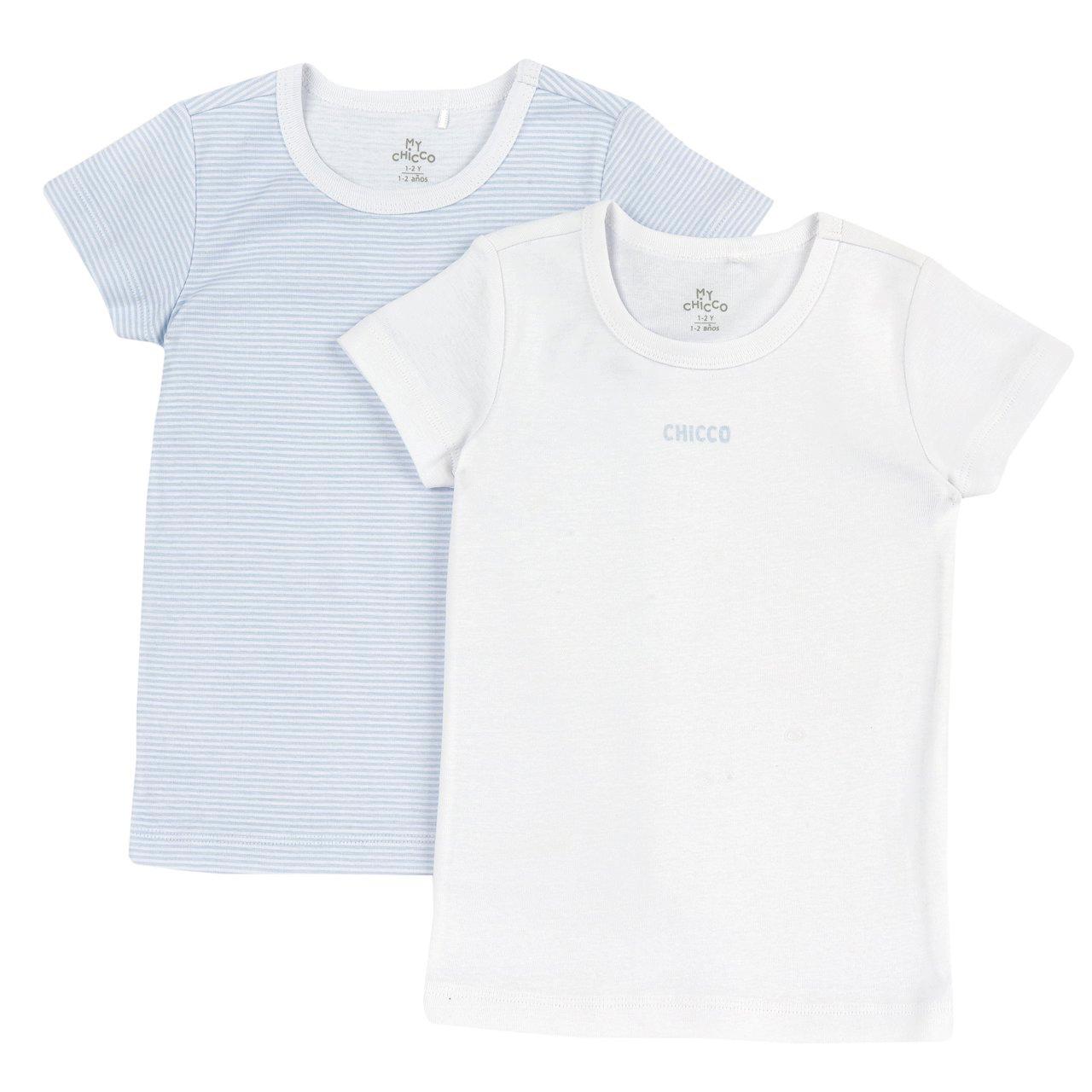 Set di magliette intime a costina azzurro con manica corta Chicco per bambini, stampa a righe e logo, in morbido cotone Oeko-Tex. | Chicco