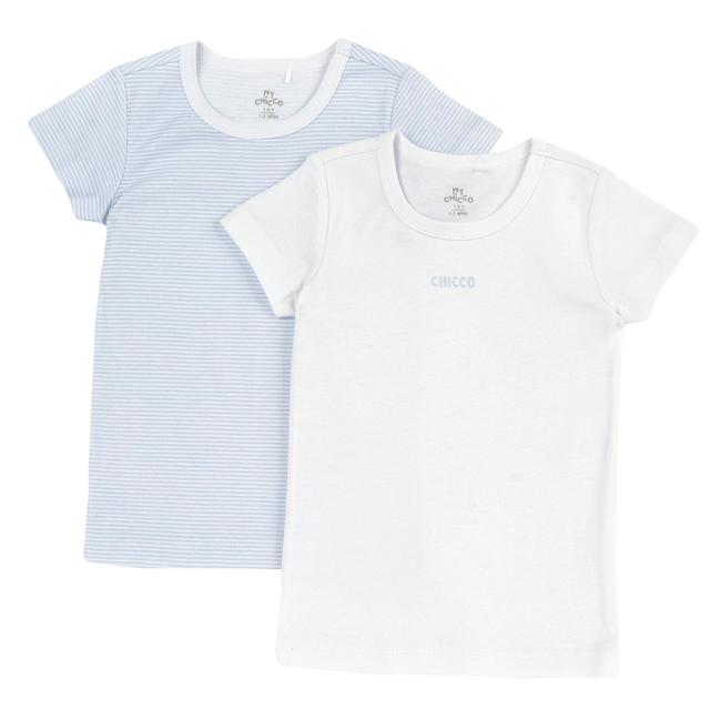 Set di magliette intime a costina azzurro con manica corta Chicco per bambini, stampa a righe e logo, in morbido cotone Oeko-Tex. | Chicco