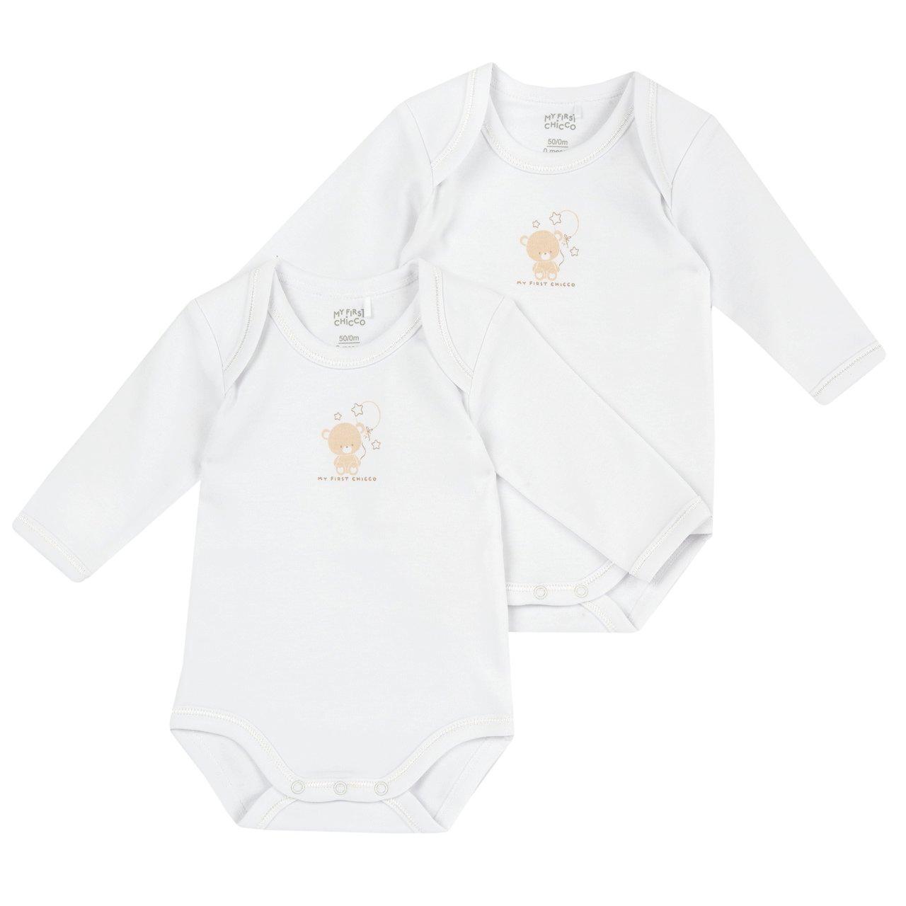 Set due body intimo a manica lunga unisex Chicco in morbido jersey di cotone felpato bianco, con apertura a americana per facilitare il cambio. | Chicco