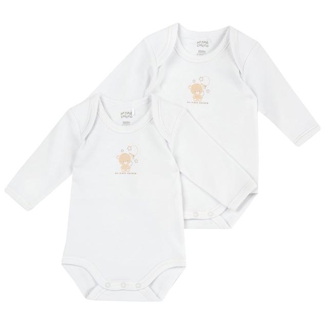 Set due body intimo a manica lunga unisex Chicco in morbido jersey di cotone felpato bianco, con apertura a americana per facilitare il cambio. | Chicco