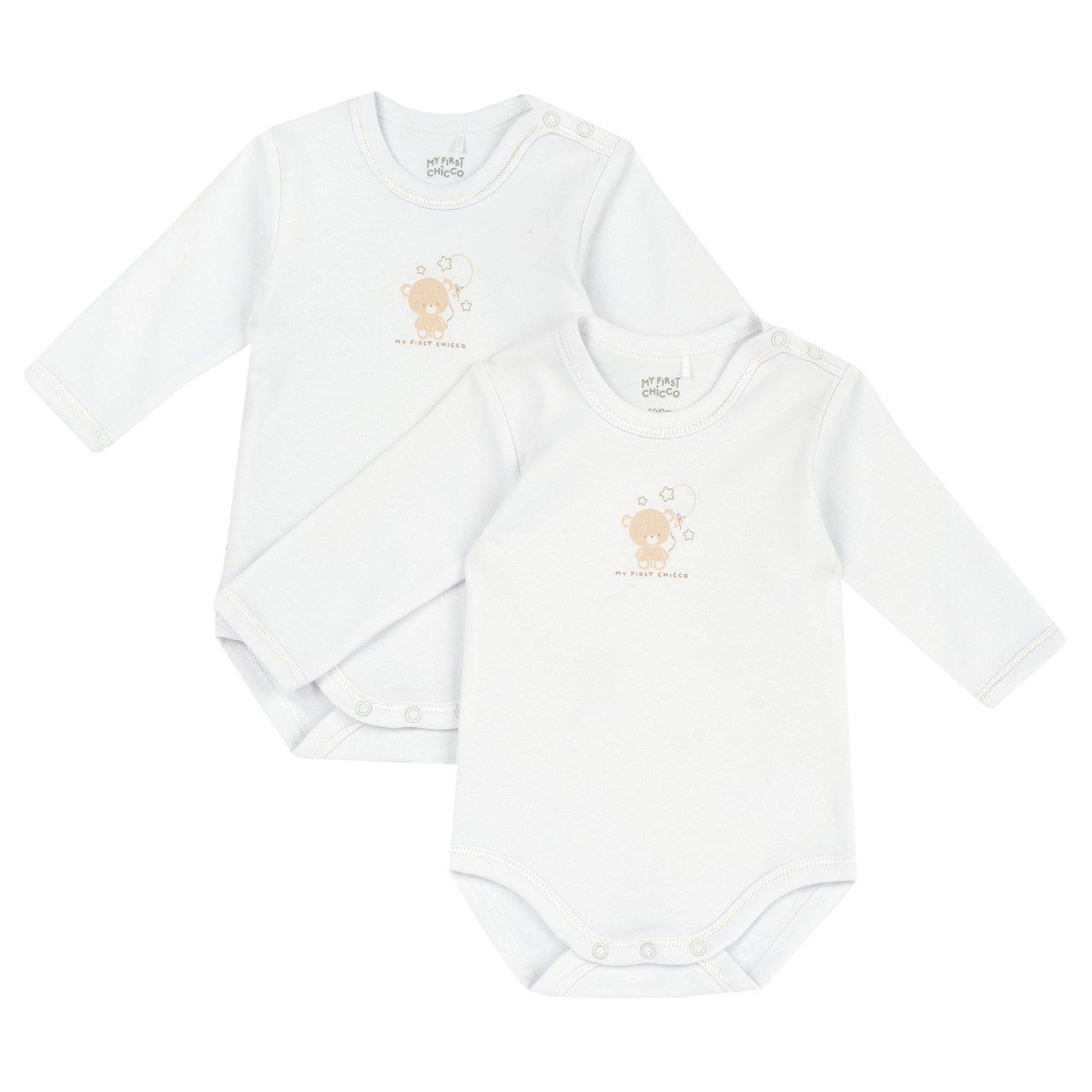 Set due body intimo a manica lunga unisex Chicco in morbido jersey di cotone felpato bianco, certificato Oeko-Tex, con bottoni automatici per facilitare la vestizione. | Chicco