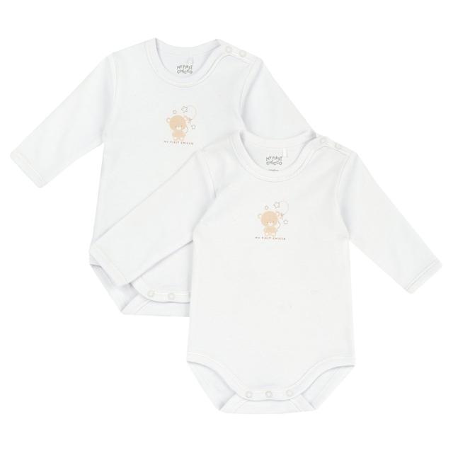 Set due body intimo a manica lunga unisex Chicco in morbido jersey di cotone felpato bianco, certificato Oeko-Tex, con bottoni automatici per facilitare la vestizione. | Chicco