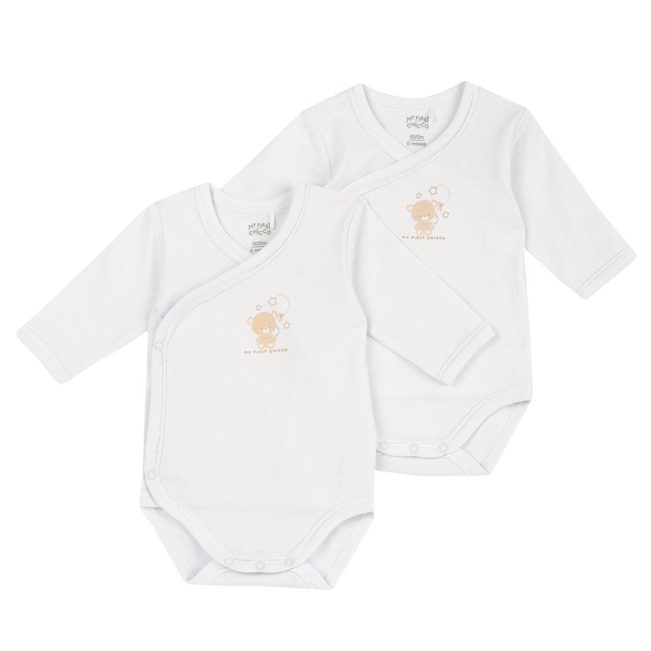 Set body intimo neonato Chicco a manica lunga in morbido jersey di cotone felpato bianco, unisex, con pratica apertura incrociata. | Chicco