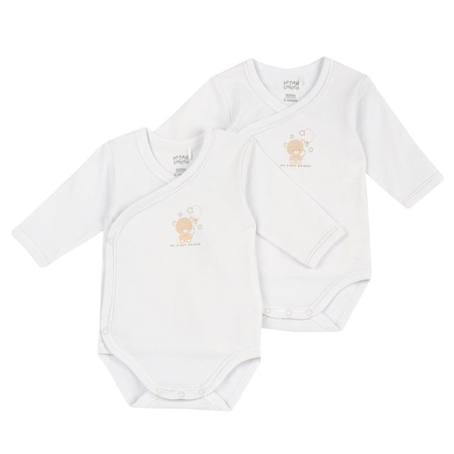 Set body intimo neonato Chicco a manica lunga in morbido jersey di cotone felpato bianco, unisex, con pratica apertura incrociata. | Chicco