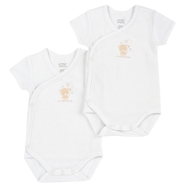 Set due body intimo neonato Chicco manica corta in morbido cotone felpato bianco unisex con apertura incrociata e bottoncini automatici. | Chicco