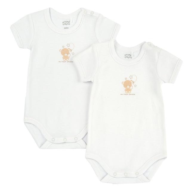 Set di due body intimi neonato Chicco a manica corta in cotone bianco a costina, unisex, con bottoni automatici e grafica stampata. | Chicco