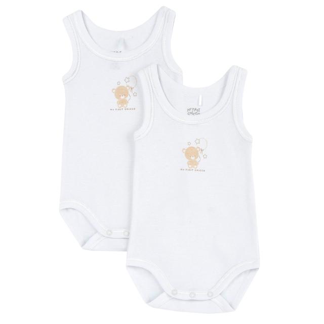 Set di body intimi unisex Chicco bianchi senza manica con spalla larga in morbido cotone 100%, perfetti per il comfort quotidiano dei più piccoli. | Chicco