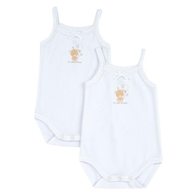 Set due body intimo bambina Chicco bianchi in cotone a costina con grafica stampata e fiocchetto, senza manica e con bottoni automatici. | Chicco