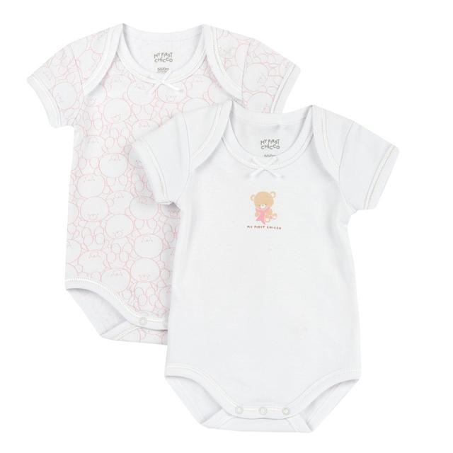 Set due body intimo a manica corta Chicco per bambina in morbido jersey di cotone felpato, bianco con stampa fantasia e fiocchetto. | Chicco