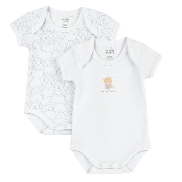 Set due body intimo a manica corta Chicco per bambina in morbido jersey di cotone felpato, bianco con stampa fantasia e fiocchetto. | Chicco