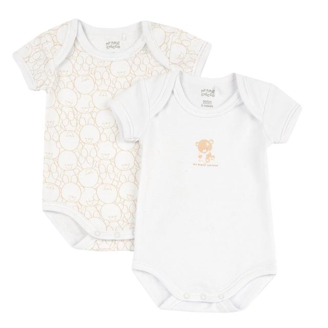 Set due body intimo a manica corta Chicco per bambina in morbido jersey di cotone felpato, bianco con stampa fantasia e fiocchetto. | Chicco