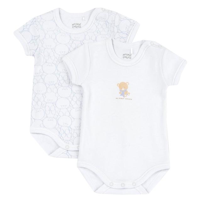 Set due body intimo a manica corta Chicco per bambina in morbido cotone felpato bianco con stampa fantasia e fiocchetto. | Chicco