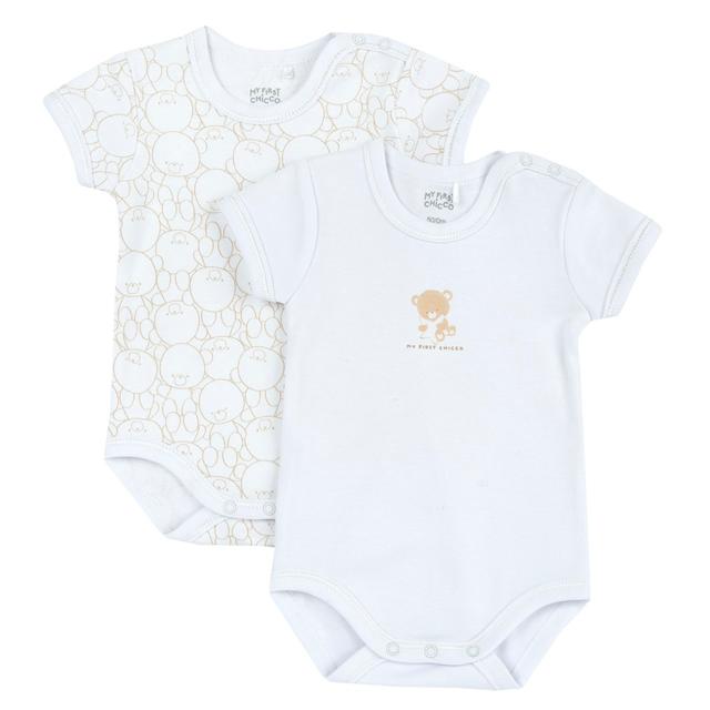 Set due body intimo a manica corta Chicco per bambina in morbido cotone felpato bianco con stampa fantasia e fiocchetto. | Chicco
