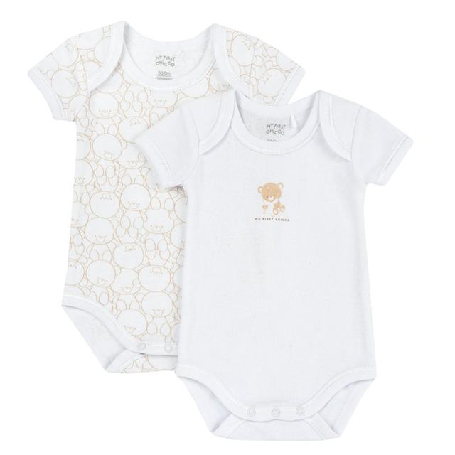 Set due body intimo a manica corta per bambina Chicco in cotone 100% bianco con stampa fantasia e fiocchetto. | Chicco