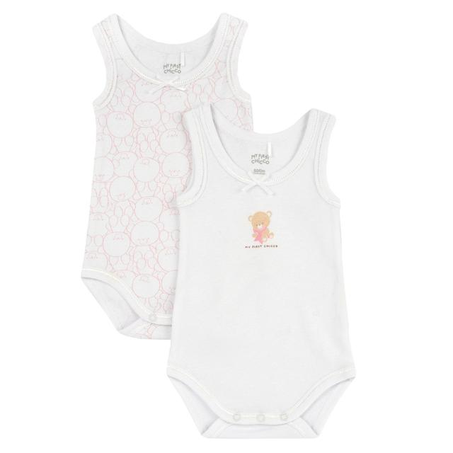 Set di due body intimo Chicco senza manica per bambina in morbido cotone bianco, con stampa fantasiosa e fiocchetto applicato, ideali per l'uso quotidiano. | Chicco