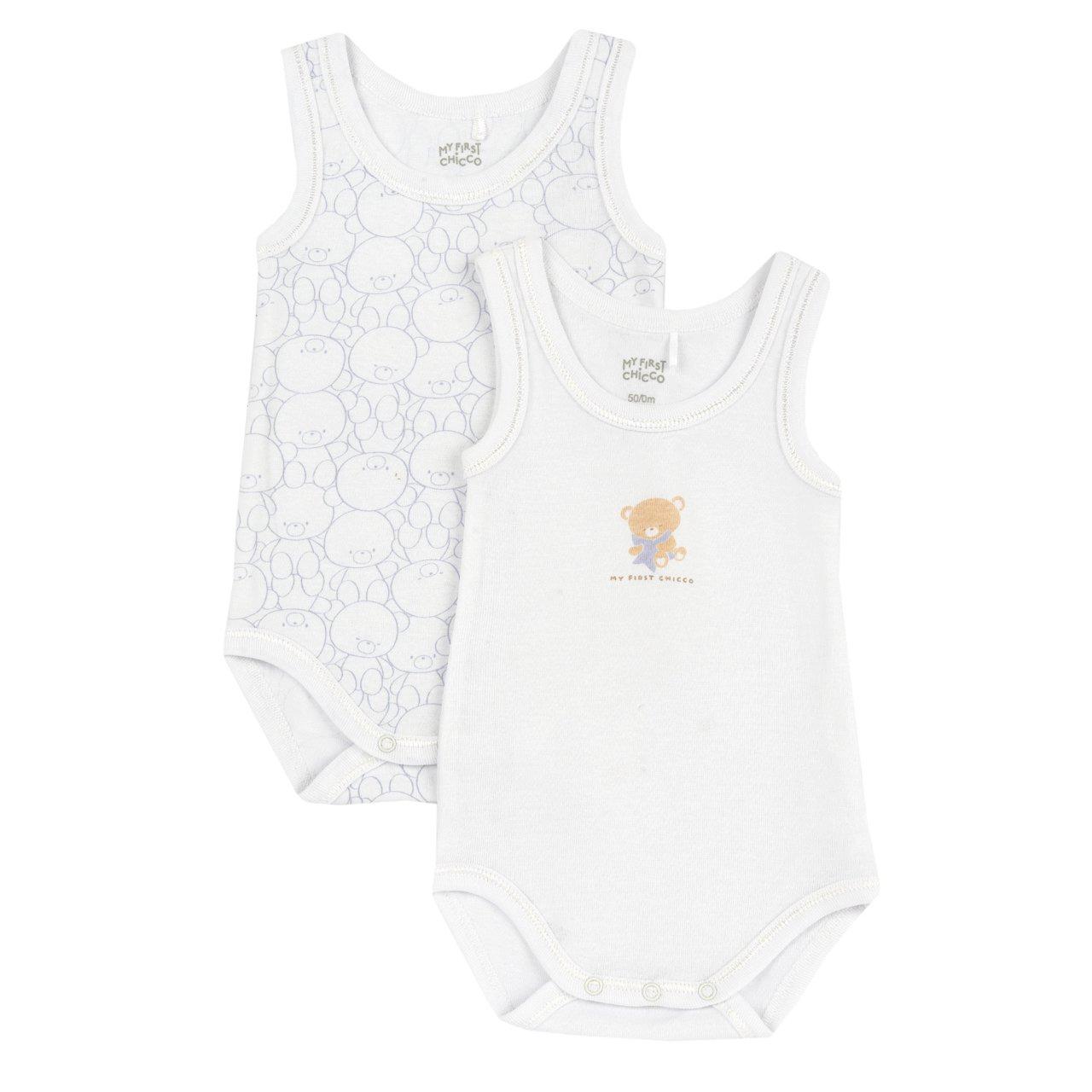 Set di due body intimo Chicco senza manica per bambina in morbido cotone bianco, con stampa fantasiosa e fiocchetto applicato, ideali per l'uso quotidiano. | Chicco