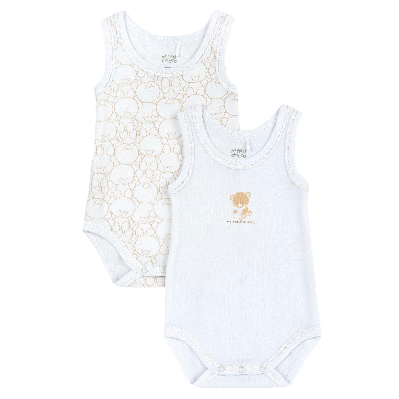 Set di due body intimo Chicco senza manica per bambina in morbido cotone bianco, con stampa fantasiosa e fiocchetto applicato, ideali per l'uso quotidiano. | Chicco