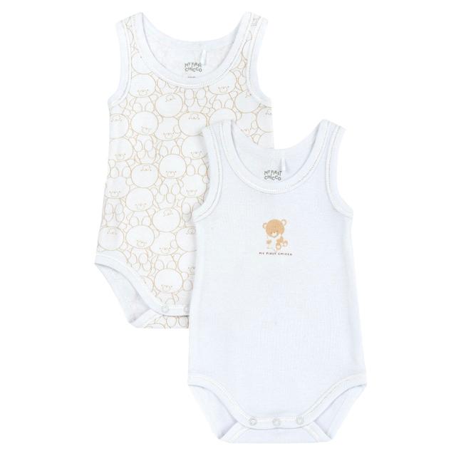 Set di due body intimo Chicco senza manica per bambina in morbido cotone bianco, con stampa fantasiosa e fiocchetto applicato, ideali per l'uso quotidiano. | Chicco