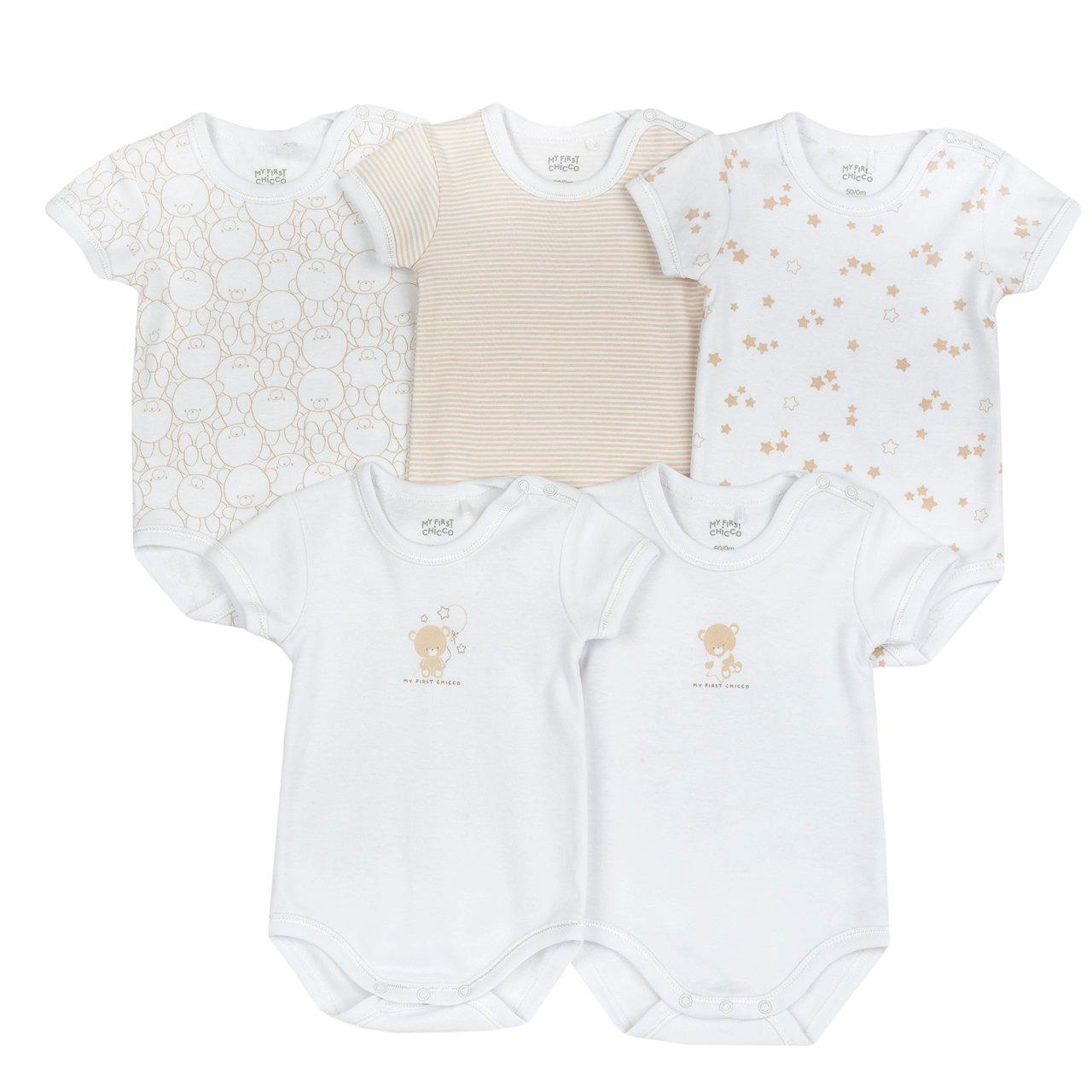 Set di cinque body intimi unisex Chicco a manica corta in morbido jersey di cotone felpato bianco, con apertura sulla spalla e all'interno gamba. | Chicco