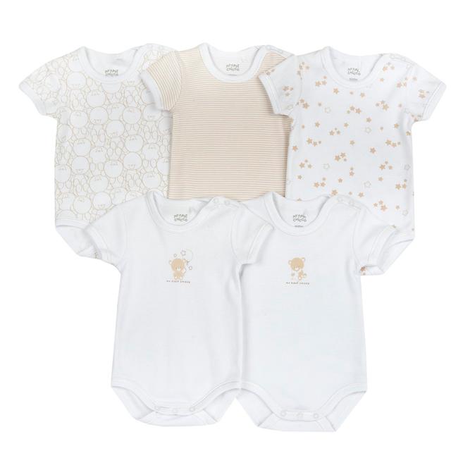 Set di cinque body intimi unisex Chicco a manica corta in morbido jersey di cotone felpato bianco, con apertura sulla spalla e all'interno gamba. | Chicco
