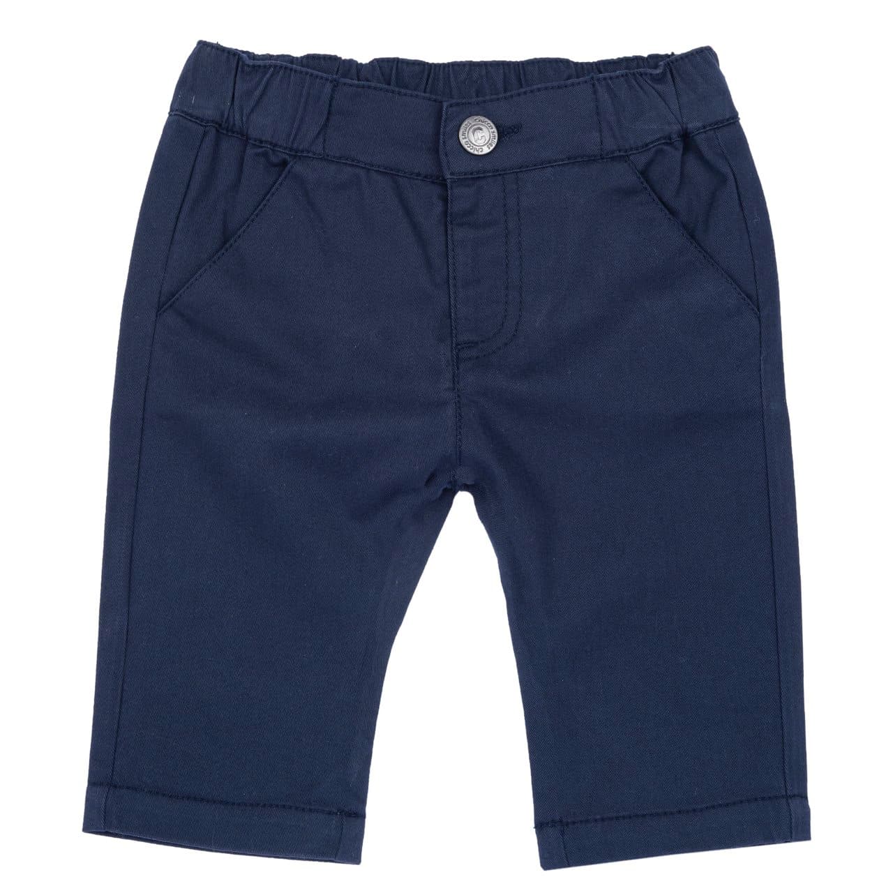 Pantaloni lunghi da bambino Chicco blu in twill di cotone elasticizzato, con vita elasticizzata e chiusura a bottone automatico, ideali per l'autunno/inverno. | Chicco