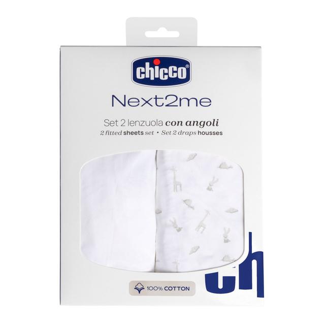 Set di 2 lenzuola con angoli in cotone bianco per culla Chicco Next2Me, morbide e delicate sulla pelle. | Chicco