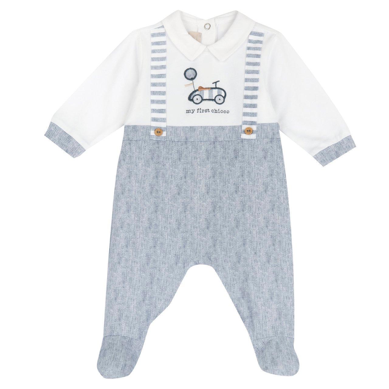 Tutina azzurra Chicco in jersey di cotone elasticizzato per neonato, con applicazioni, ricami, bretelle a righe e bottoni automatici sul retro per la primavera/estate. | Chicco