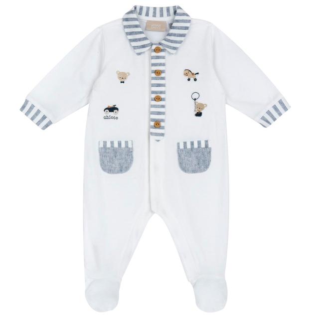 Tutina Chicco aperta davanti in morbido jersey di cotone elasticizzato bianco, con collo a righe e dettagli ricamati, ideale per primavera/estate. | Chicco