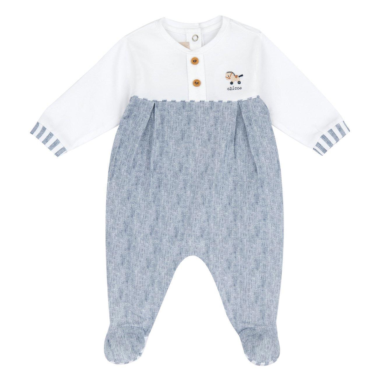 Tutina neonato Chicco bianca in cotone elasticizzato con dettagli ricamati e bottoni automatici sull'apertura entrogamba. | Chicco