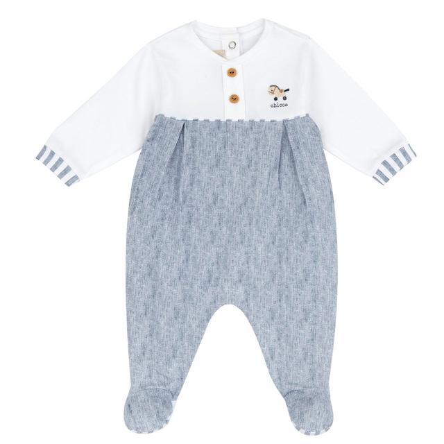 Tutina neonato Chicco bianca in cotone elasticizzato con dettagli ricamati e bottoni automatici sull'apertura entrogamba. | Chicco