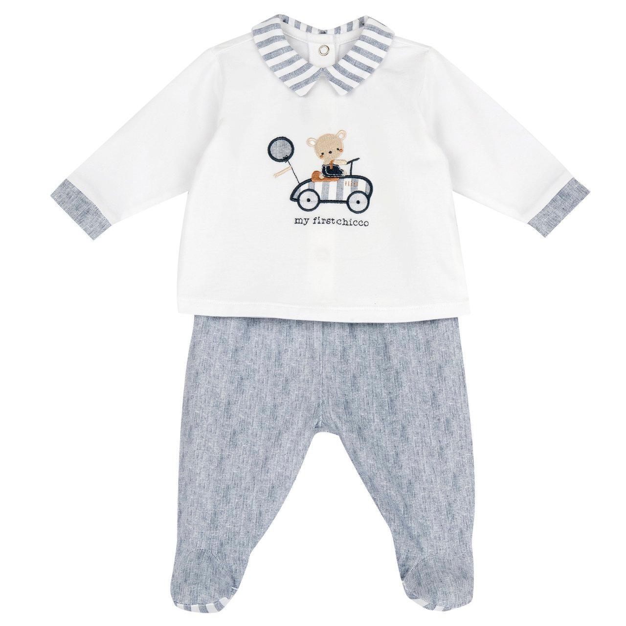 Completo azzurro Chicco per neonato in morbido jersey di cotone elasticizzato, con piedini, collo a righe e dettagli grafici con applicazioni e ricami. | Chicco