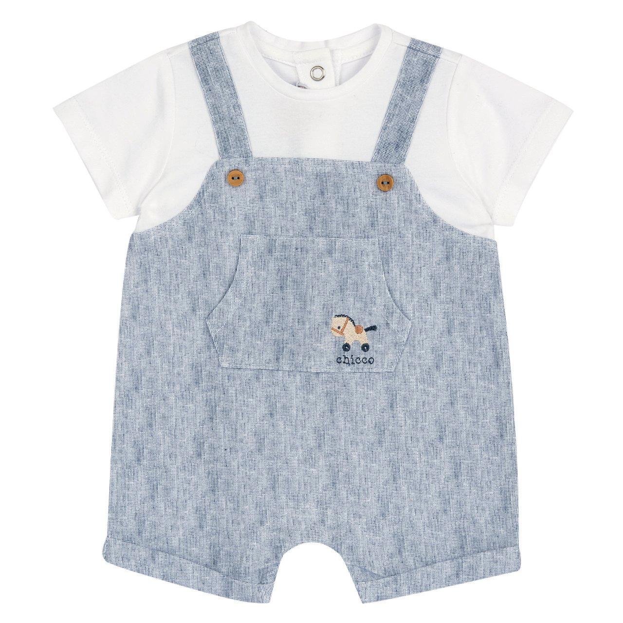 Pagliaccetto corto azzurro Chicco per maschietto in morbido jersey di cotone elasticizzato con fantasia e dettagli ricamati, effetto doppio. | Chicco