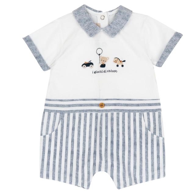 Pagliaccetto corto Chicco azzurro in jersey di cotone elasticizzato con stampa a righe e grafica ricamata, ideale per neonati. | Chicco