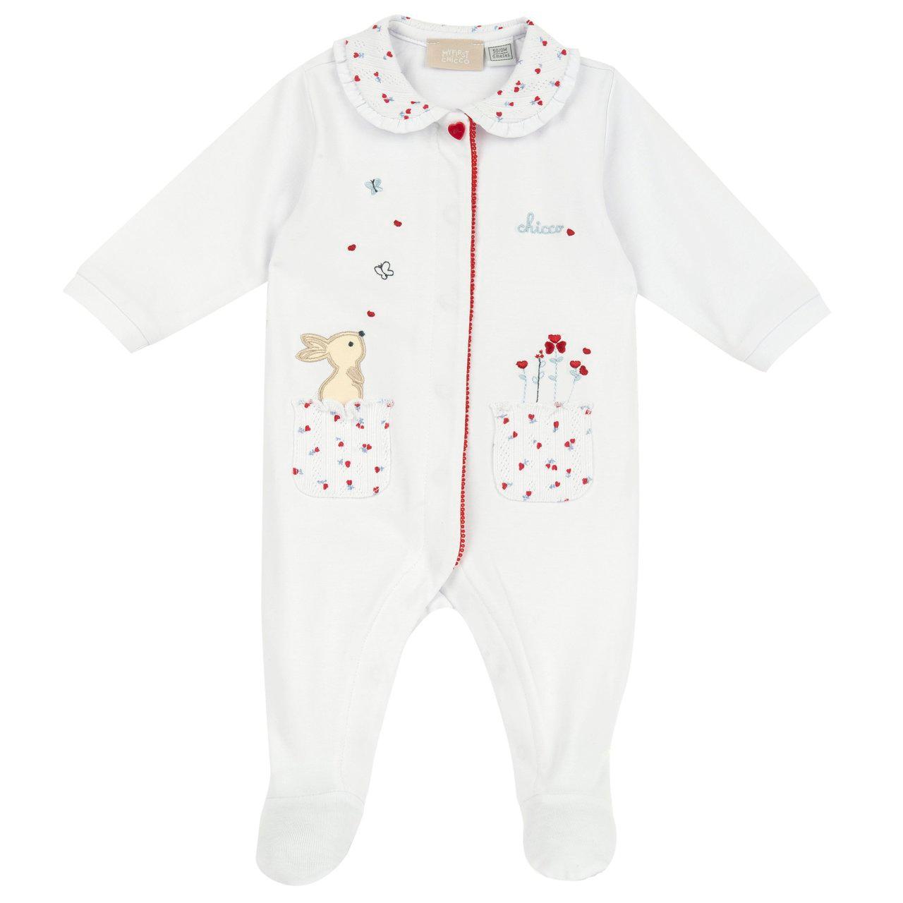Tutina Chicco bianca in jersey di cotone elasticizzato per bambina, con grafica applicazioni e ricami, bottoni automatici nascosti e bottone decorativo a cuore. | Chicco
