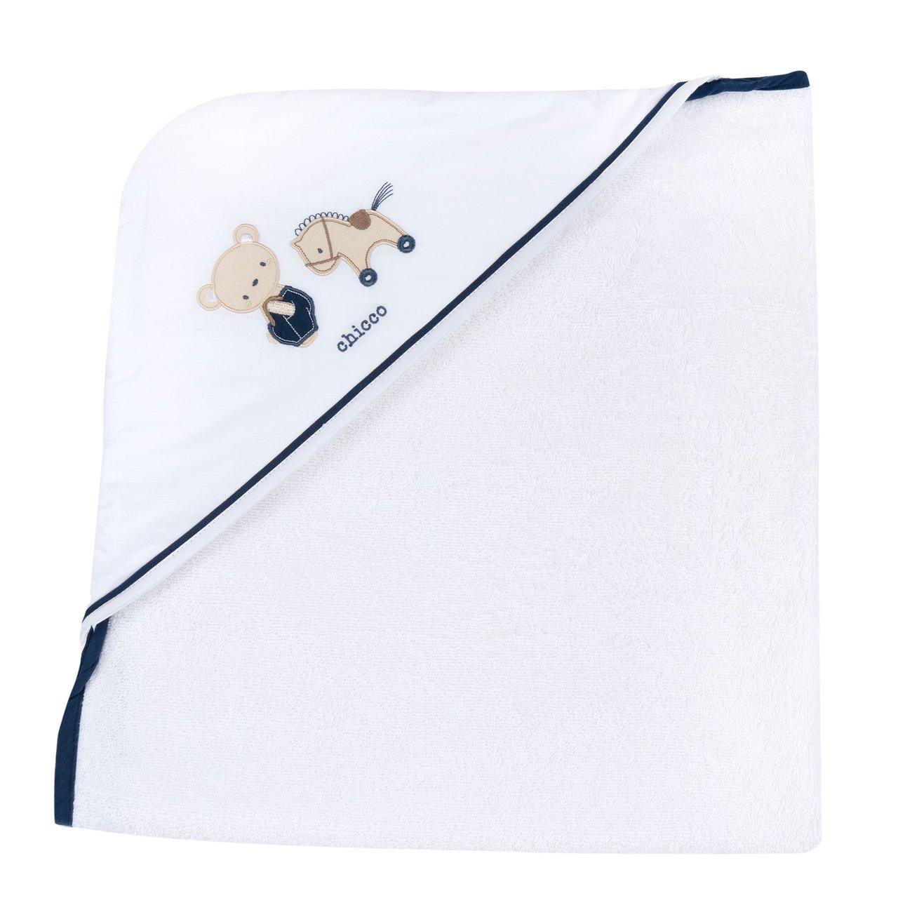 Accappatoio azzurro in spugna di cotone per bambino Chicco con applicazioni e ricami, 76x76 cm, certificato Oeko-Tex. | Chicco