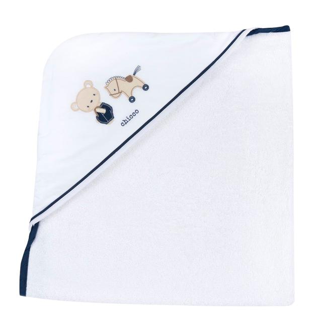 Accappatoio azzurro in spugna di cotone per bambino Chicco con applicazioni e ricami, 76x76 cm, certificato Oeko-Tex. | Chicco