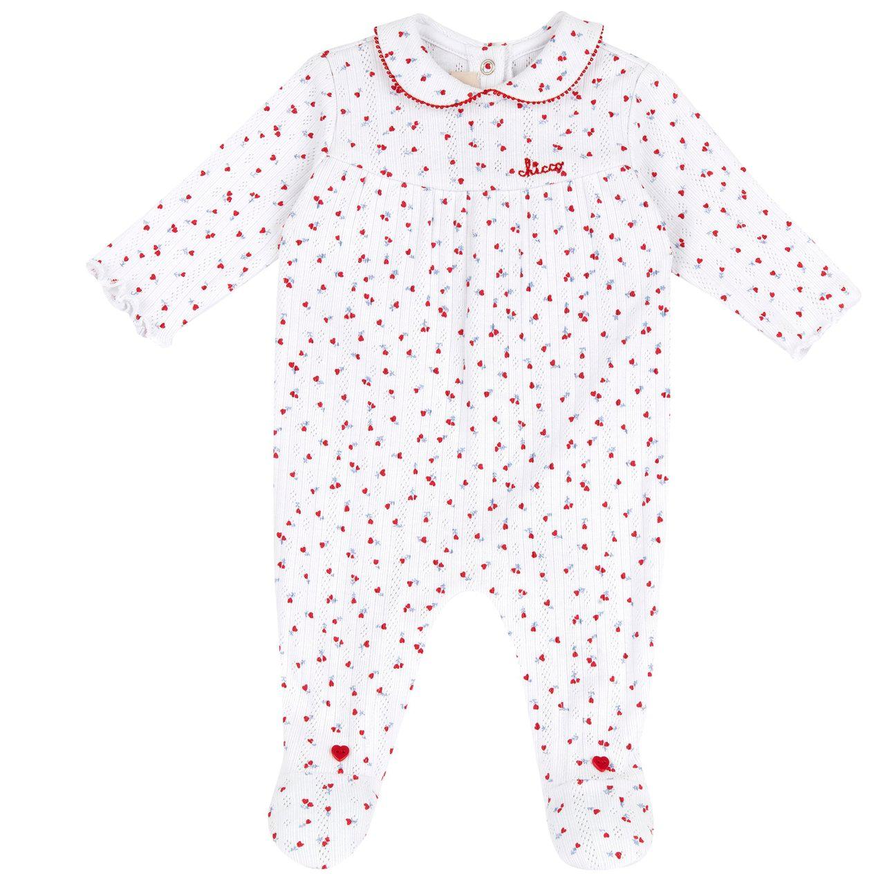 Tutina bianca in costina operata per bambina Chicco, 100% cotone sostenibile, con apertura entrogamba, stampa Fiocco e bottoncini a cuore. | Chicco