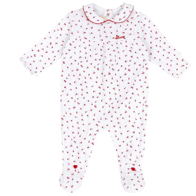 Tutina bianca in costina operata per bambina Chicco, 100% cotone sostenibile, con apertura entrogamba, stampa Fiocco e bottoncini a cuore. | Chicco