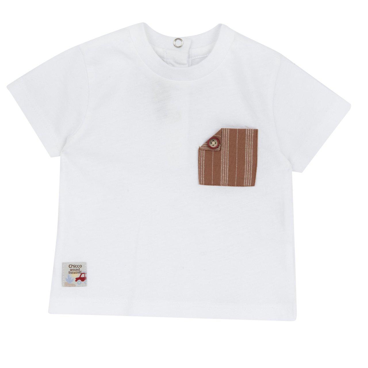 Maglietta a manica corta bianca in cotone sostenibile per bambino Chicco, con taschino rigato effetto lino e collo elasticizzato. | Chicco