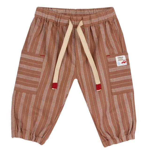 Pantaloni lunghi Chicco per bambino in cotone effetto lino, con elegante motivo a righe beige e vita elasticizzata con coulisse. | Chicco