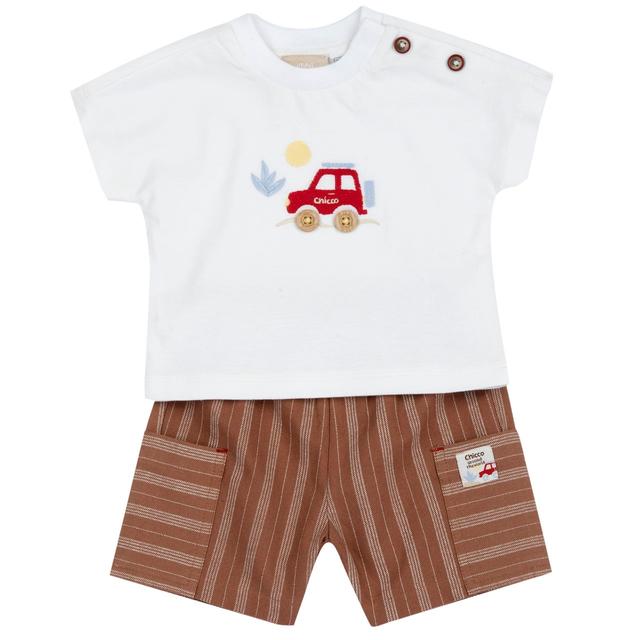 Completo Chicco beige per bambino con maglietta in jersey di cotone e pantaloni corti effetto lino a righe. | Chicco
